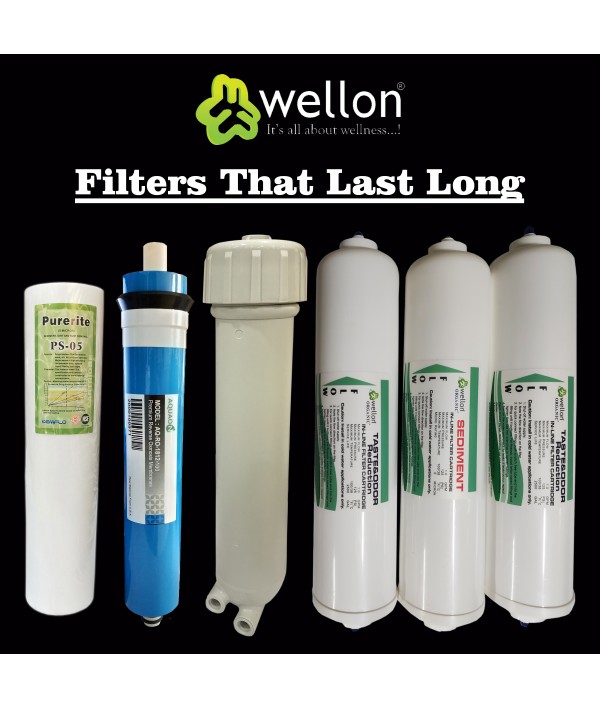 Wellon Replaceable Filter Kit (Inline Sediment, Inline Pre-Carbon, Inline Post Carbon, Kemflo PP Sediment Filter, Aquaon 100 GPD RO Membrane, Double O Ring Membrane Housing) Suitable for All Types of Water purifiers